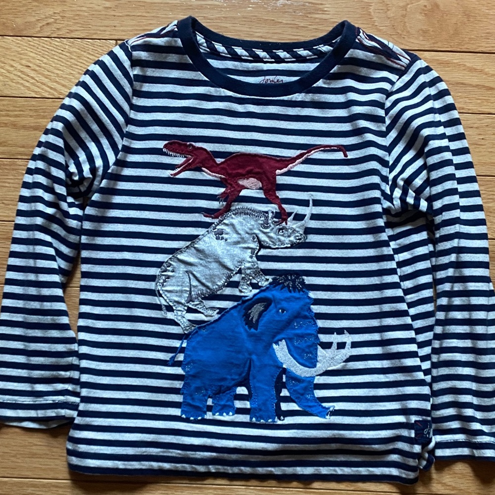 Joules Navy Striped Long Sleeve Shirt with Dinosaur and Animal Appliqué